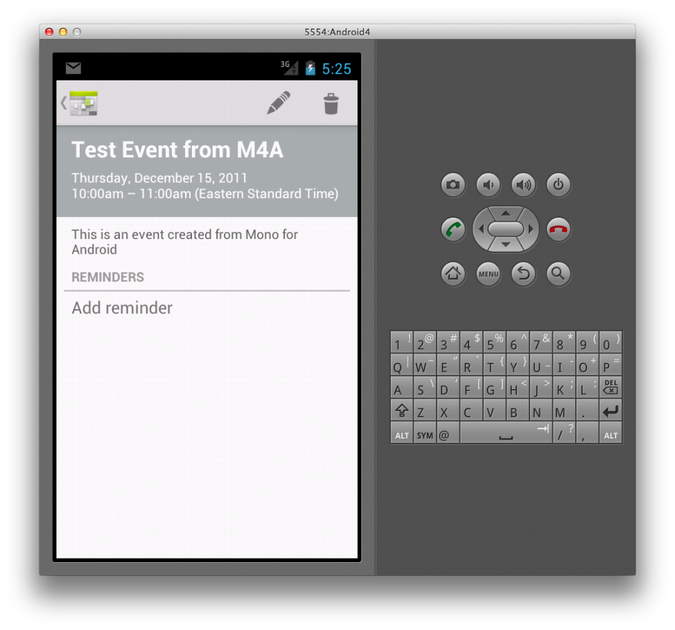 Captura de pantalla de la aplicación de calendario que muestra el evento de calendario seleccionado