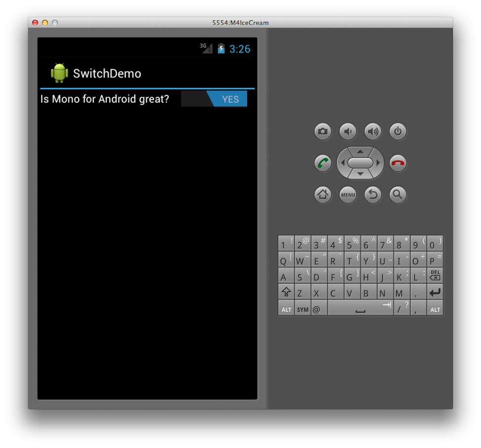 Captura de pantalla de la aplicación de demostración con texto que precede horizontalmente al widget Switch