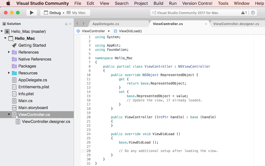 Visualización del archivo ViewController.cs en Visual Studio para Mac