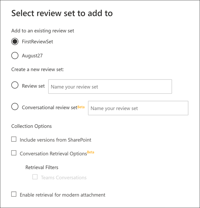 Seleccione un conjunto de revisión y configure las opciones de recopilación.