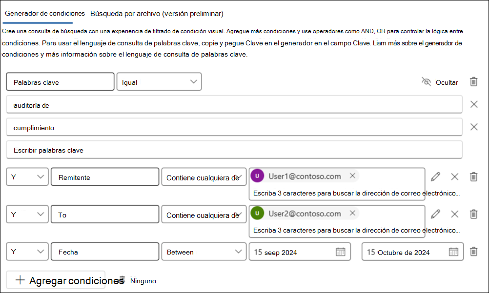 Ejemplo de una búsqueda del generador de condiciones.
