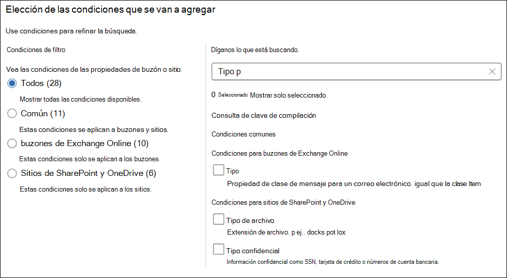 Página para elegir las condiciones que se van a agregar a una búsqueda.