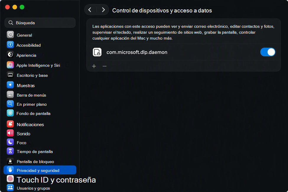 Captura de pantalla de la configuración de acceso a datos y control de dispositivos macOS con el permiso habilitado para com.microsoft.dlp.daemon.