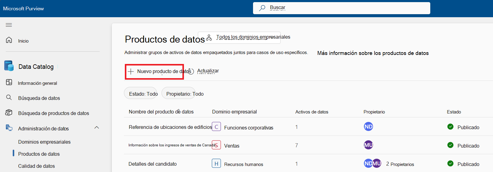 Screenshot of the data products page with the New data product button highlighted.