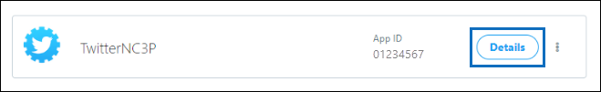 Captura de pantalla del panel para desarrolladores de Twitter en la que se muestran los detalles de la aplicación y el identificador de la aplicación.