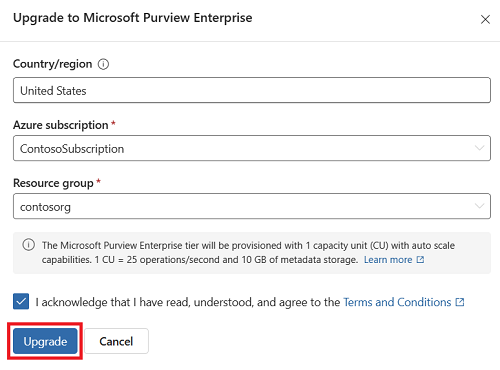 Captura de pantalla del menú Actualizar a Microsoft Purview Enterprise con el botón Actualizar resaltado.