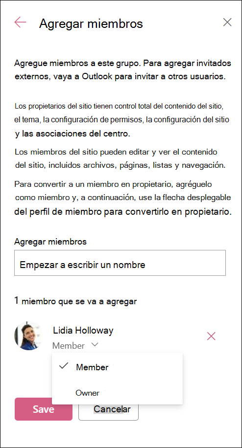 Captura de pantalla de la adición de miembros a un cuadro de diálogo de grupo.