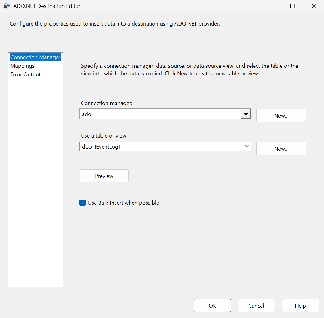 Screenshot of ado.net destination.