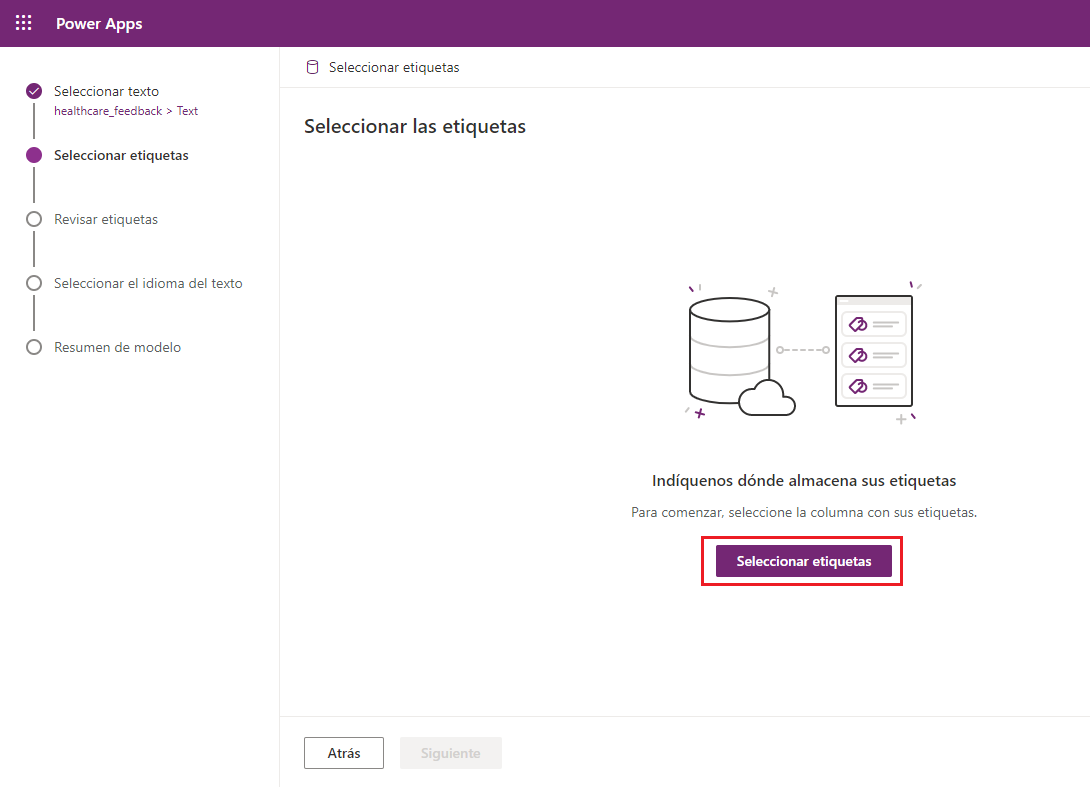 Captura de pantalla del modelo de clasificación de categorías en Power Apps Studio con la opción Seleccionar etiquetas resaltada