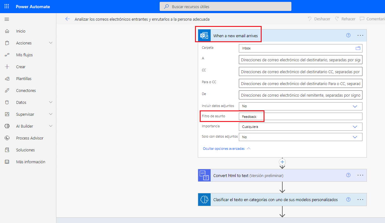 Captura de pantalla del flujo seleccionado en Estudio de Power Automate con un resaltado en el desencadenador y el campo Filtro de asunto establecido en Comentarios