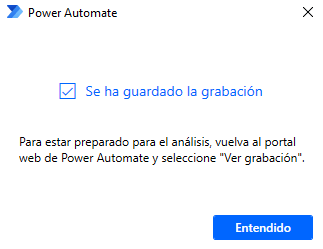 Captura de pantalla del mensaje Se ha guardado la grabación.