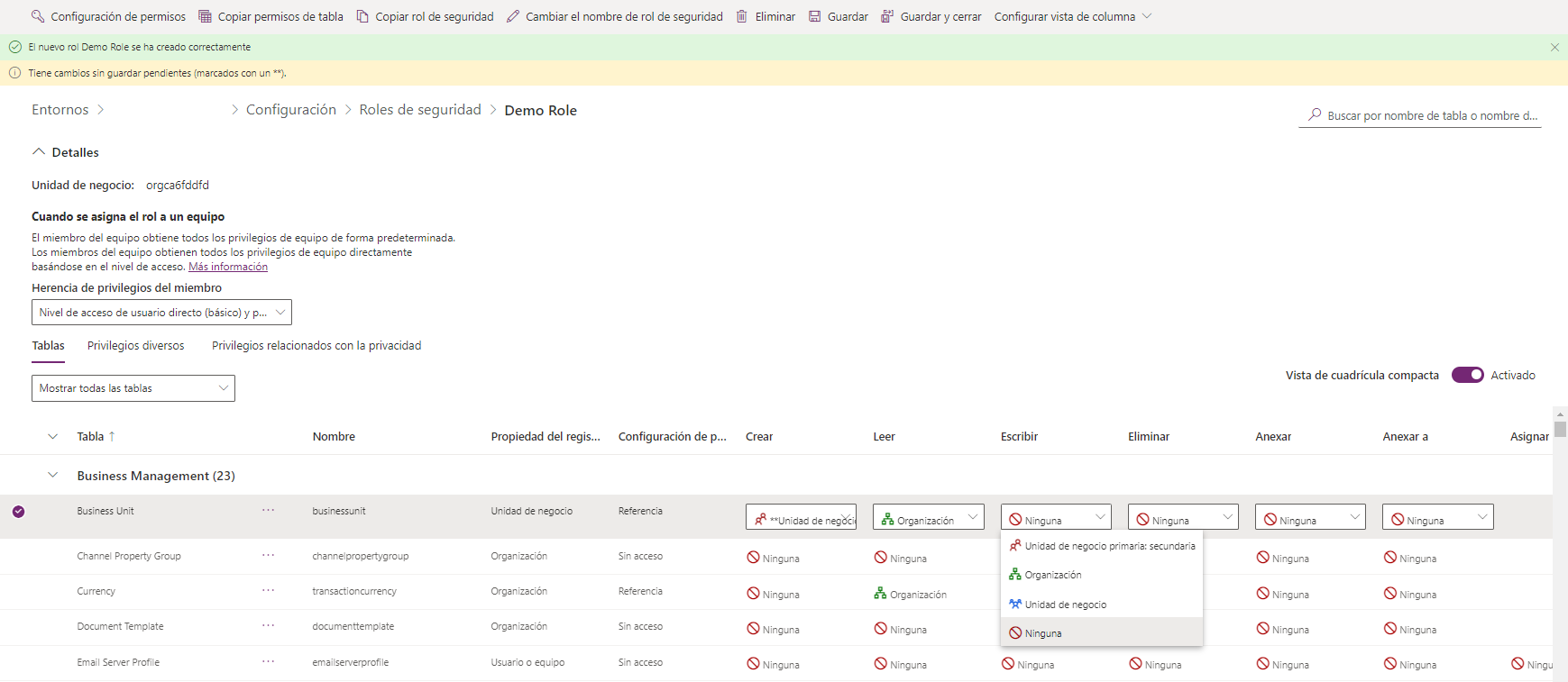 Captura de pantalla de la configuración