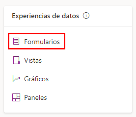 Captura de pantalla con un primer plano del panel de experiencias de datos, con la opción Formularios resaltada