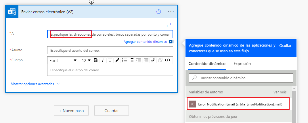 Captura de pantalla de una variable de entorno en un paso de acción para reemplazar un valor codificado