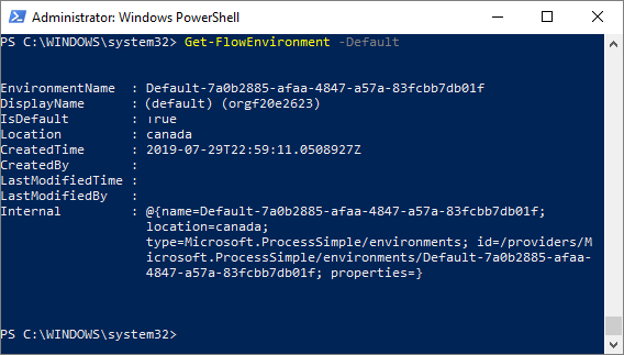 Captura de pantalla de Windows PowerShell que muestra el entorno predeterminado.