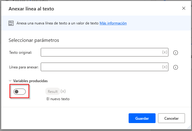 Captura de pantalla de la opción para deshabilitar una variable creada.