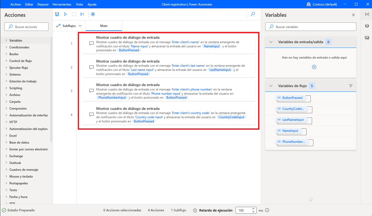 Captura de pantalla de todas las acciones del cuadro de diálogo de entrada de pantalla.