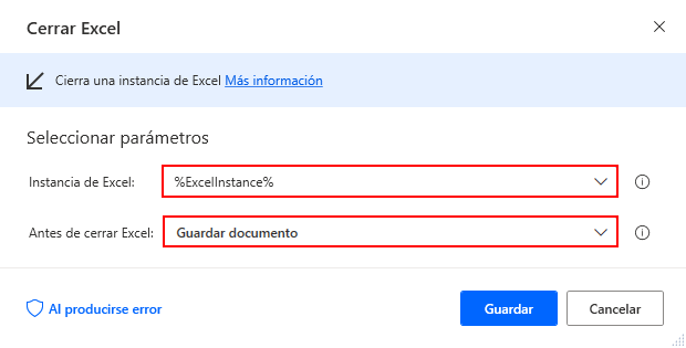 Captura de pantalla del cuadro de diálogo de la acción Cerrar Excel.
