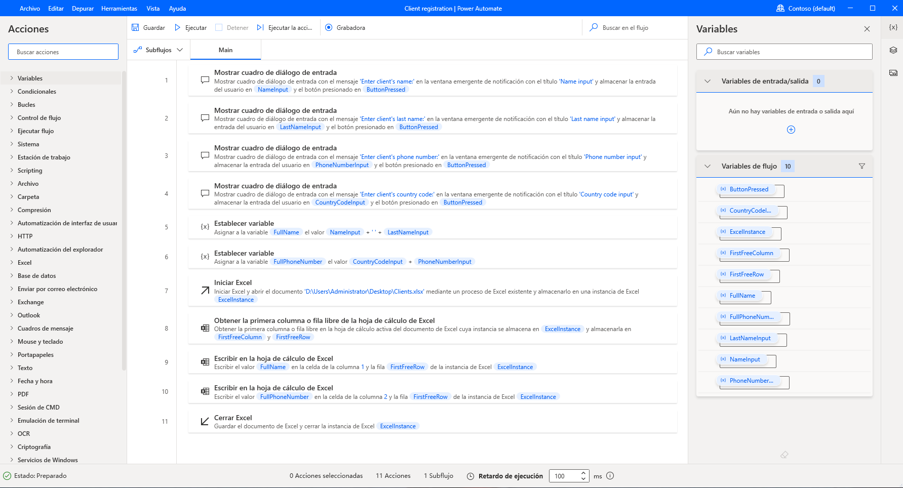 Captura de pantalla del flujo final y de la Entrada de nombre