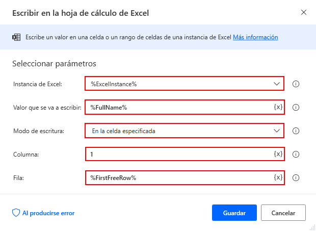 Captura de pantalla de la primera acción Escribir en hoja de cálculo de Excel.