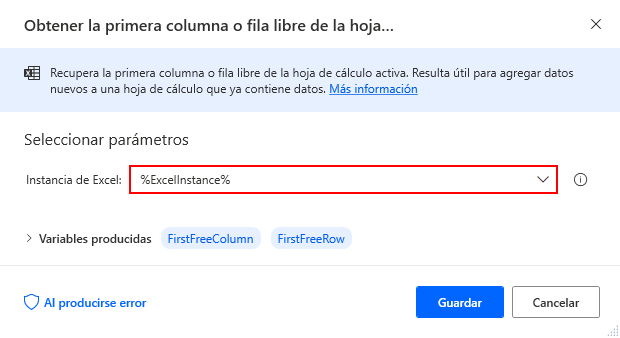 Captura de pantalla de la acción de hoja de cálculo para obtener la primera columna/fila libre de Excel.