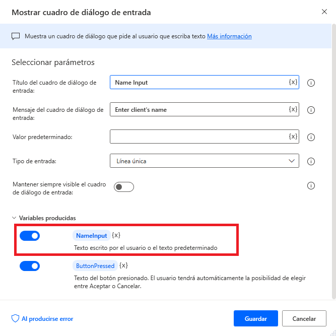 Captura de pantalla de la variable generada a la que se ha cambiado el nombre en la acción Mostrar cuadro de diálogo de entrada.