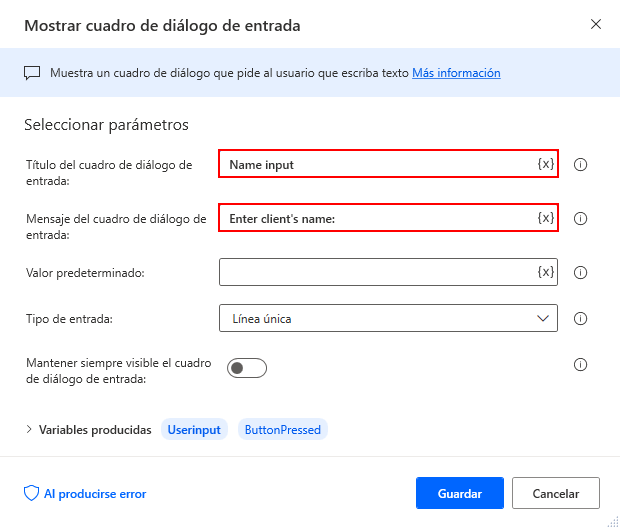 Captura de pantalla de la acción Mostrar cuadro de diálogo de entrada.