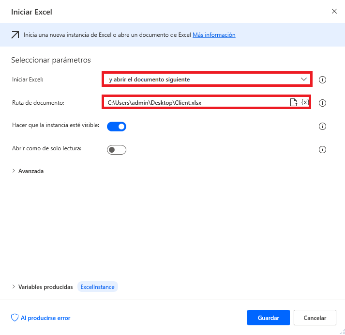 Captura de pantalla de las propiedades de acción del cuadro de diálogo Iniciar Excel.