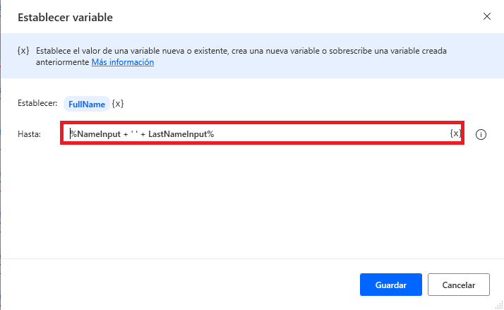 Captura de pantalla de la acción Establecer variable que contiene el nombre completo.