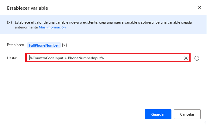 Captura de pantalla de la acción Establecer variable que contiene el número de teléfono completo.