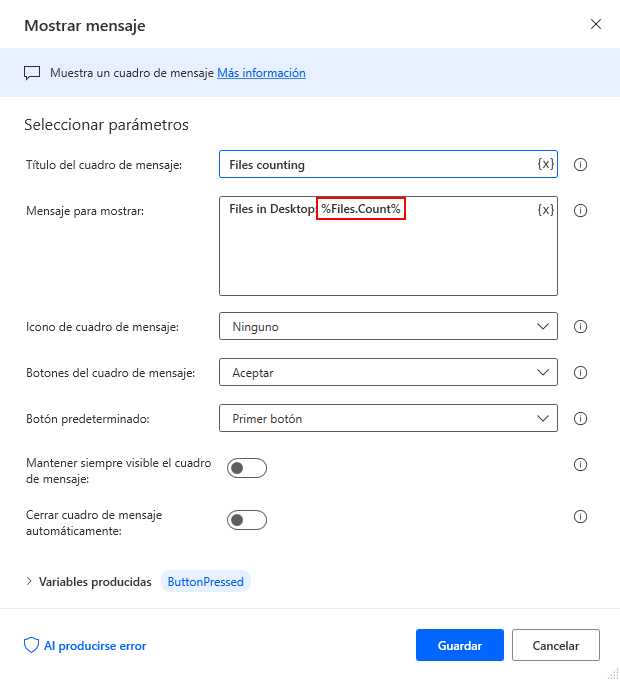 Captura de pantalla de la notación para obtener el tamaño de una lista de archivos