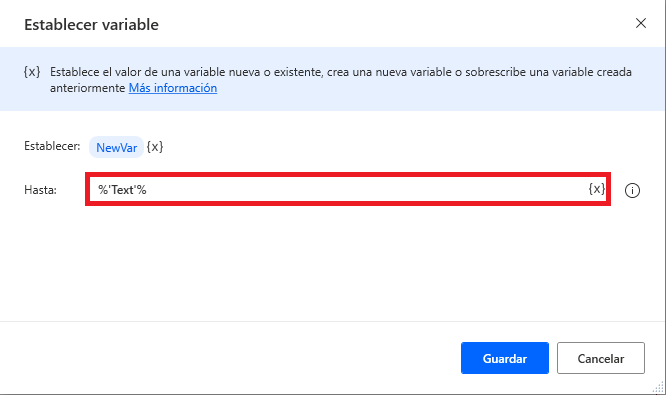 Captura de pantalla de una variable de texto codificada como parámetro de una acción.