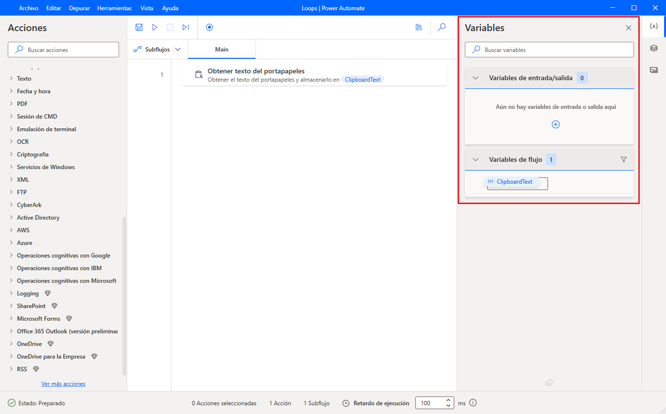 Captura de pantalla del panel de variables de aplicación de escritorio de Power Automate.