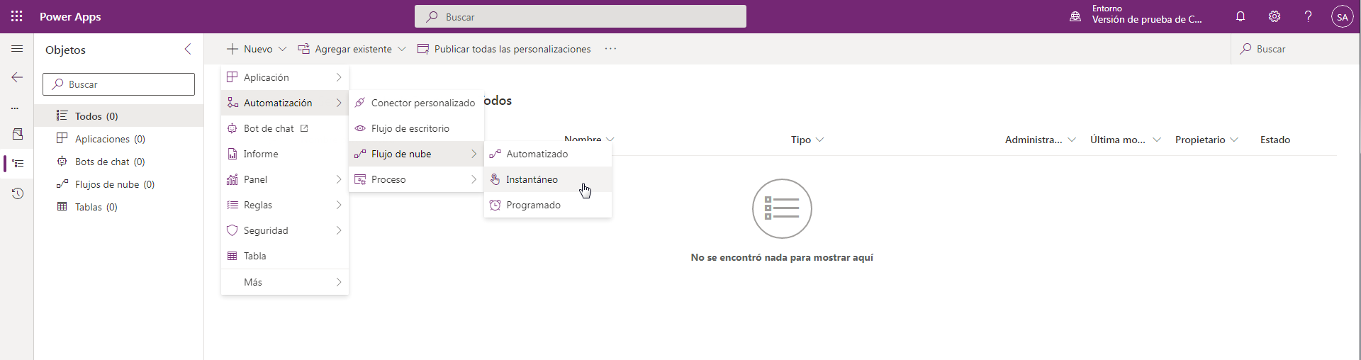 Captura de pantalla de la selección del menú para empezar a crear un flujo instantáneo de Power Automate