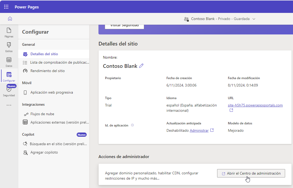 Captura de pantalla del acceso al centro de administración de Power Pages desde el estudio de diseño de Power Pages.