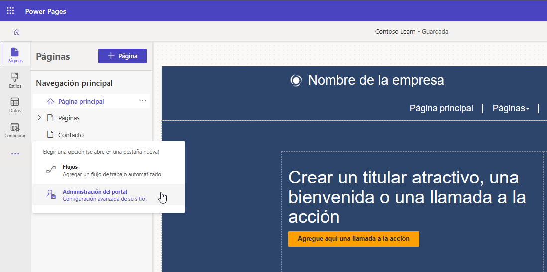 Captura de pantalla del acceso a la administración del portal desde Power Pages design studio.
