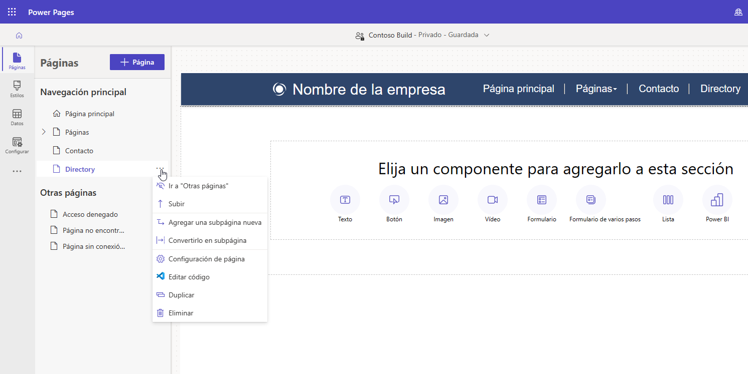 Captura de pantalla de administración de la navegación de página después de guardar la página.