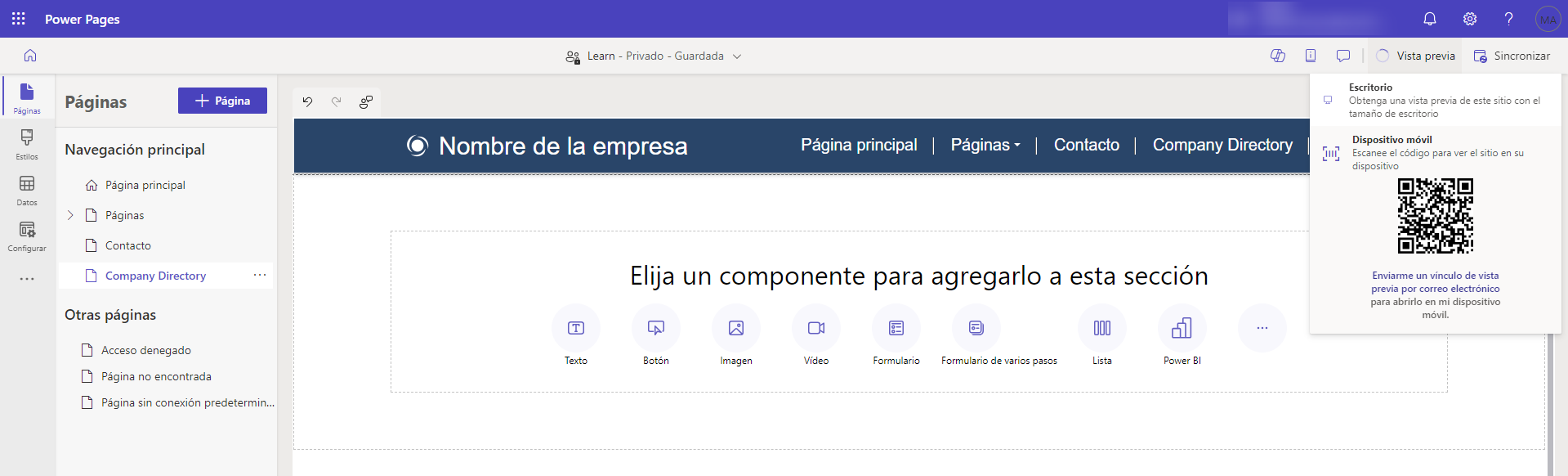 Captura de pantalla del comando Vista previa de página en Power Pages design studio.