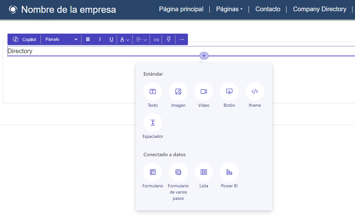 Captura de pantalla de Inserción de una interfaz de componente.
