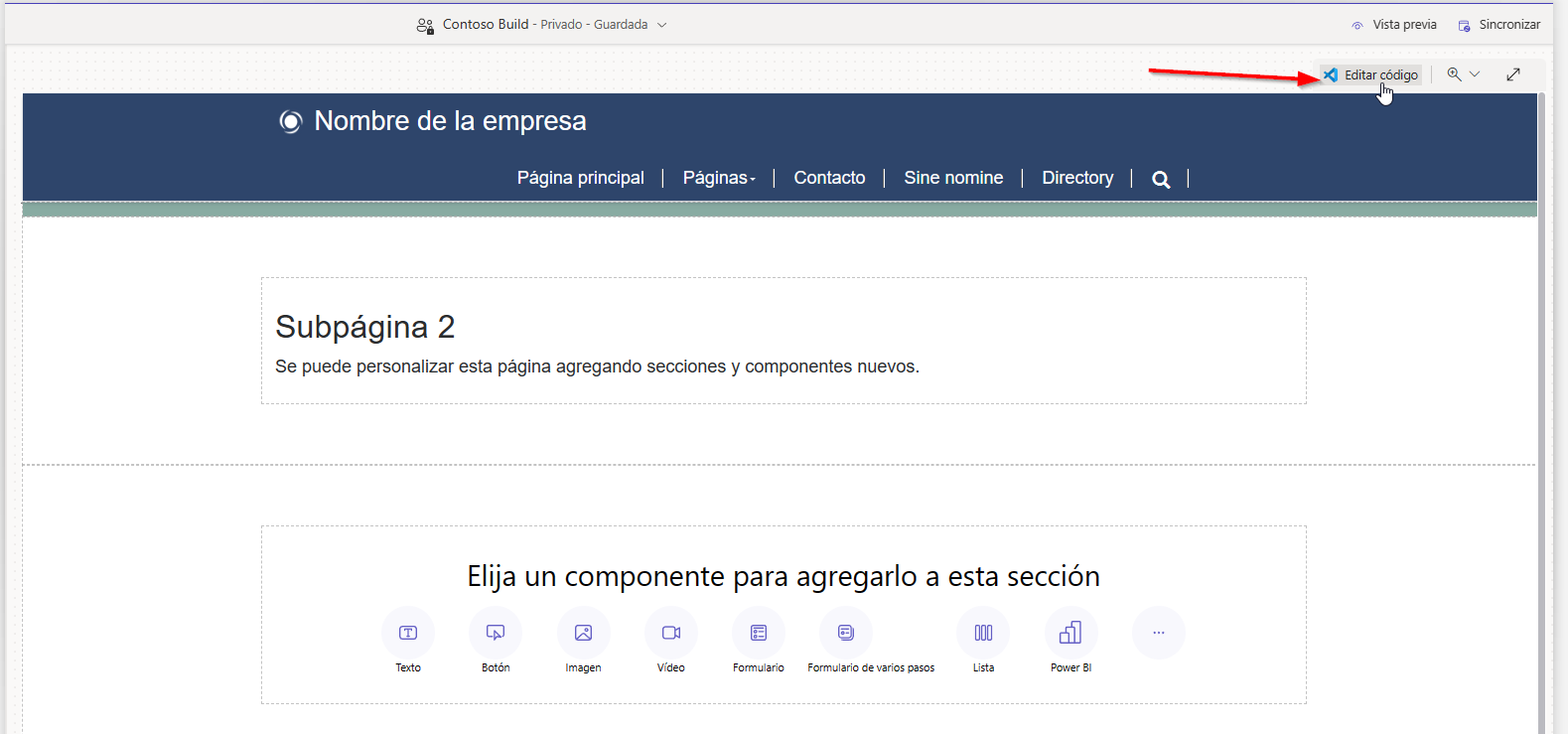 Captura de pantalla de Visual Studio Code para el acceso del editor web disponible en el estudio de diseño.