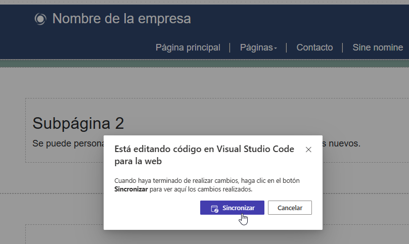 Captura de pantalla de un mensaje para sincronizar el contenido de la página una vez completada la edición en Visual Studio Code para web