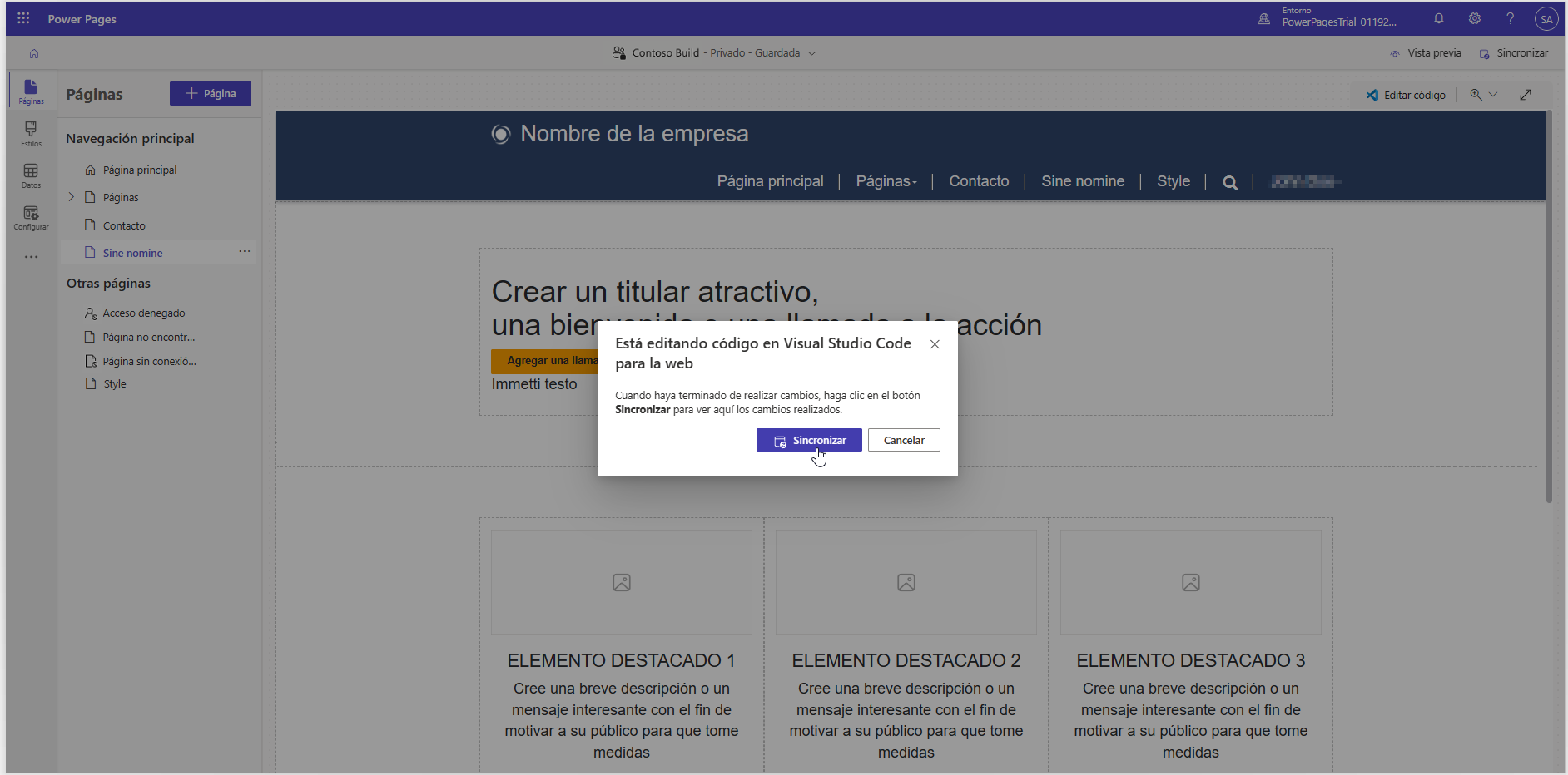 Captura de pantalla de un mensaje del cuadro de diálogo para sincronizar el contenido de la página entre Visual Studio Code para el editor web y el lienzo del estudio de diseño.