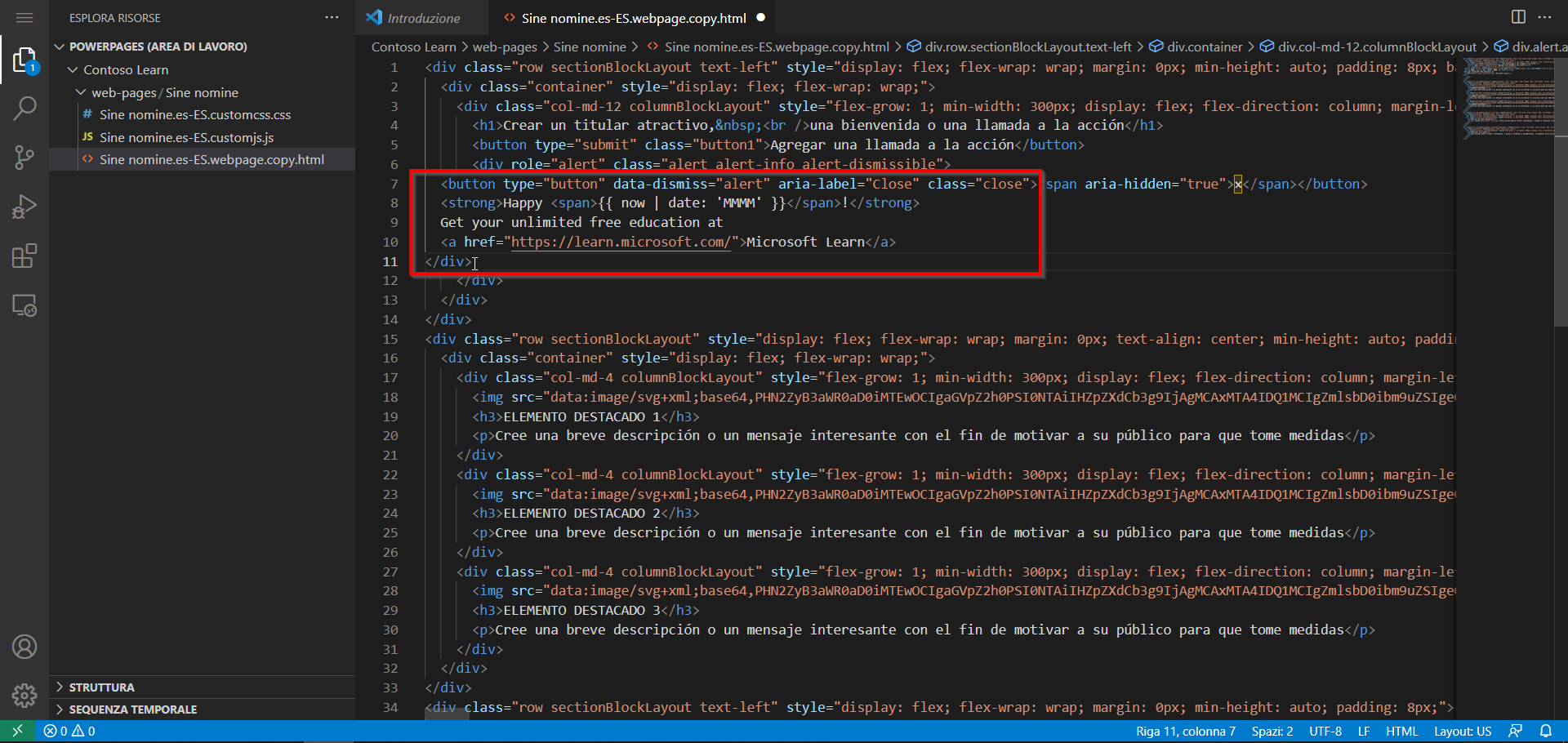 Captura de pantalla del contenido de página abierto en Visual Studio Code para el editor web con el nuevo contenido resaltado.