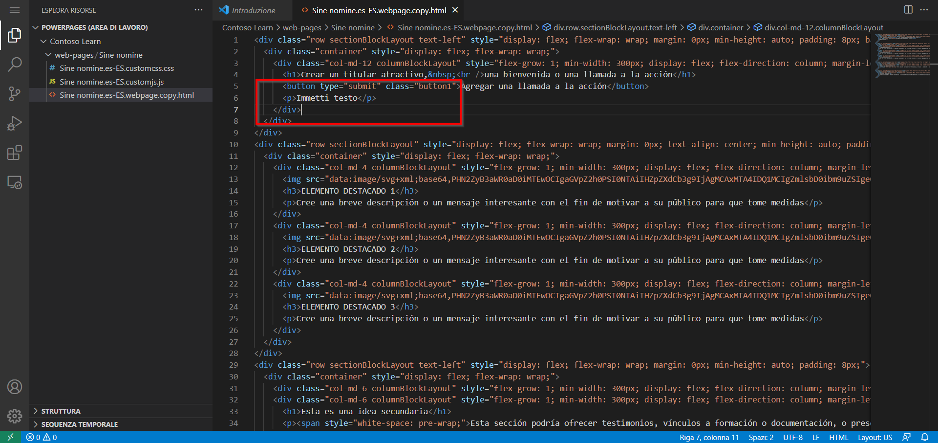 Captura de pantalla del contenido de página abierto en Visual Studio Code para el editor web con párrafo de texto resaltado.