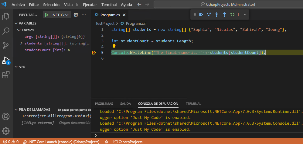 Captura de pantalla que muestra las herramientas del depurador de Visual Studio Code.