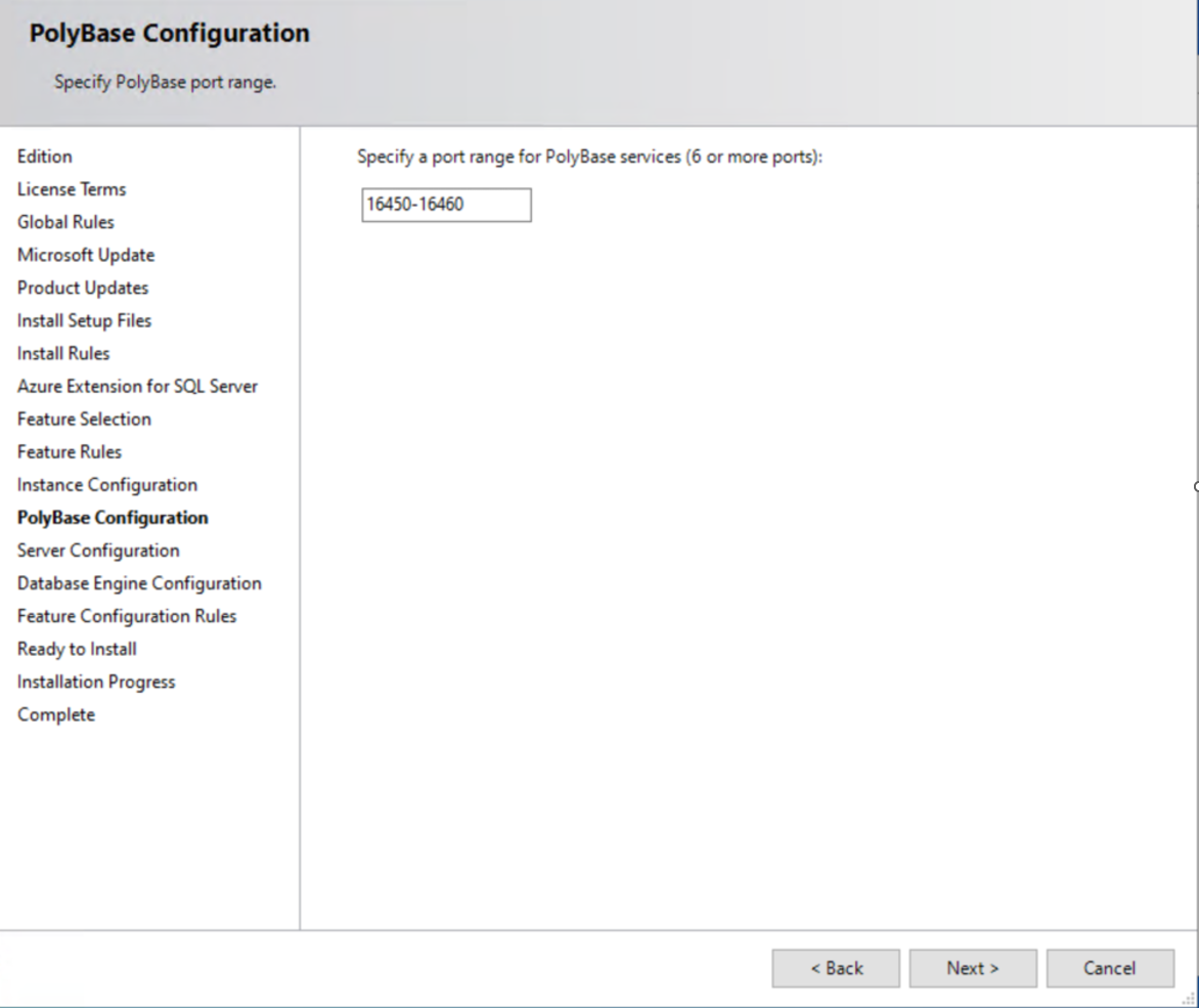 Diagrama del ejecutable de instalación de SQL Server que muestra la configuración del intervalo de puertos de PolyBase.