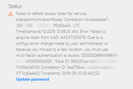 Captura de pantalla del error No se pudo actualizar el token de acceso para los usuarios del servicio que se ve en el portal de Power Automate.