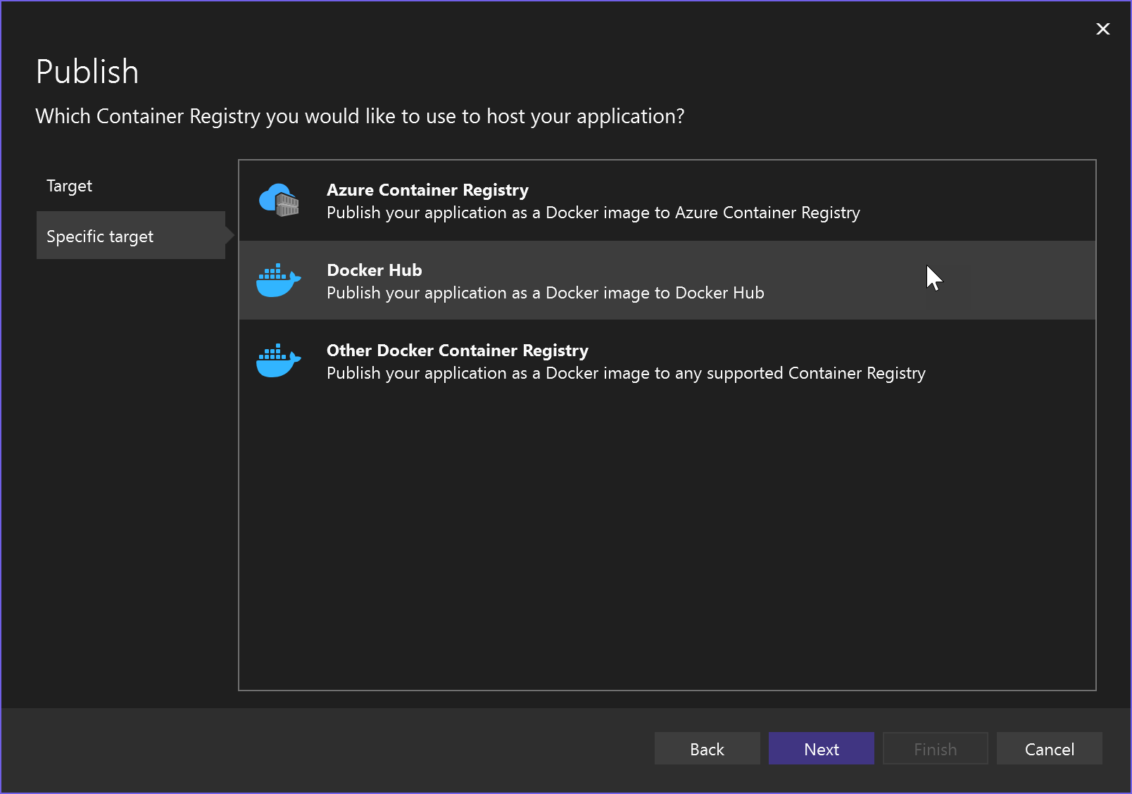 Captura de pantalla que muestra la opción de publicación de Docker Container Registry.