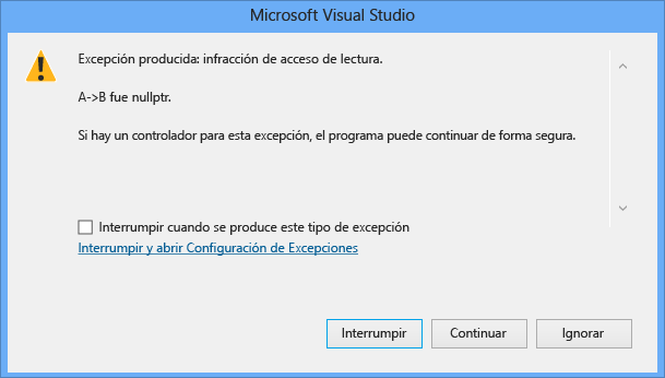 Captura de pantalla de un cuadro de diálogo de excepción de Microsoft Visual Studio que muestra una infracción de acceso de lectura para 