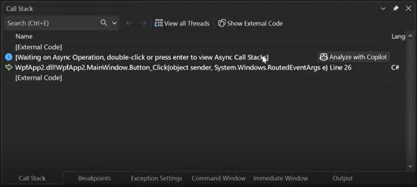 Captura de pantalla que muestra el análisis desde la ventana Pila de llamadas.